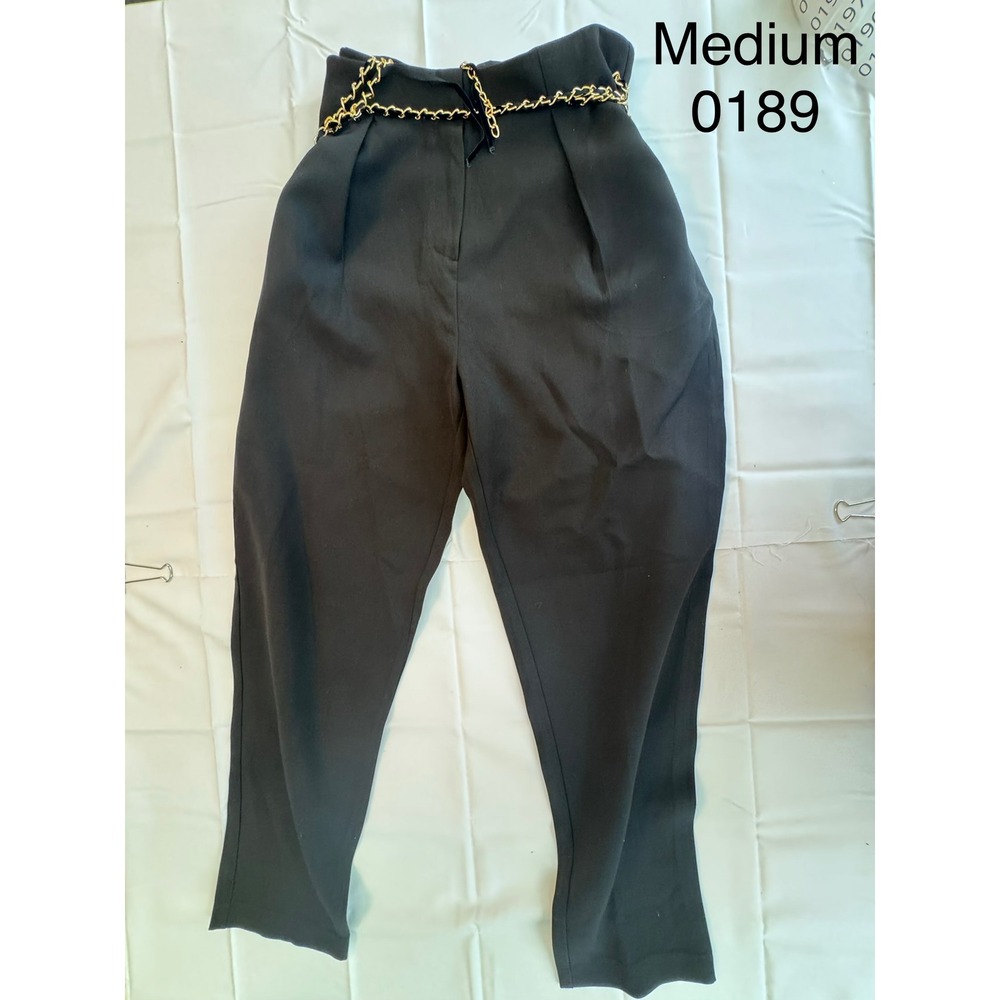 Apeach Black High Waisted Pleated Trousers with Gold Chain Detail Womens Medium